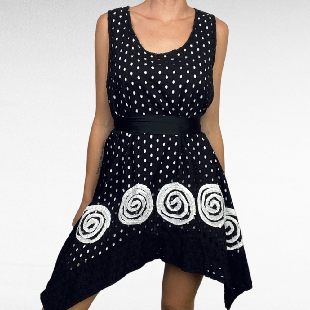 Tulip | Hertha’s Black & White Eyelet Polka Dot Sleeveless Handkerchief Dress